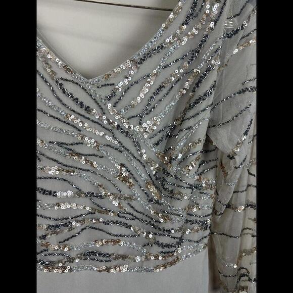 JKARA Womens Beige Chiffon Gown 3/4 Sleeve V Neck‎ Maxi Evening A-Line Dress 6 - Picture 4 of 4